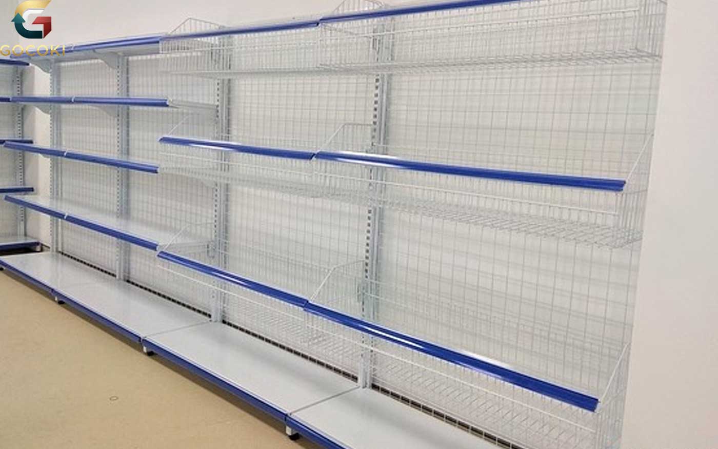 chi tiết mâm tầng và lưng lưới của kệ siêu thị đơn 1.2m x 1.8m thanh lý